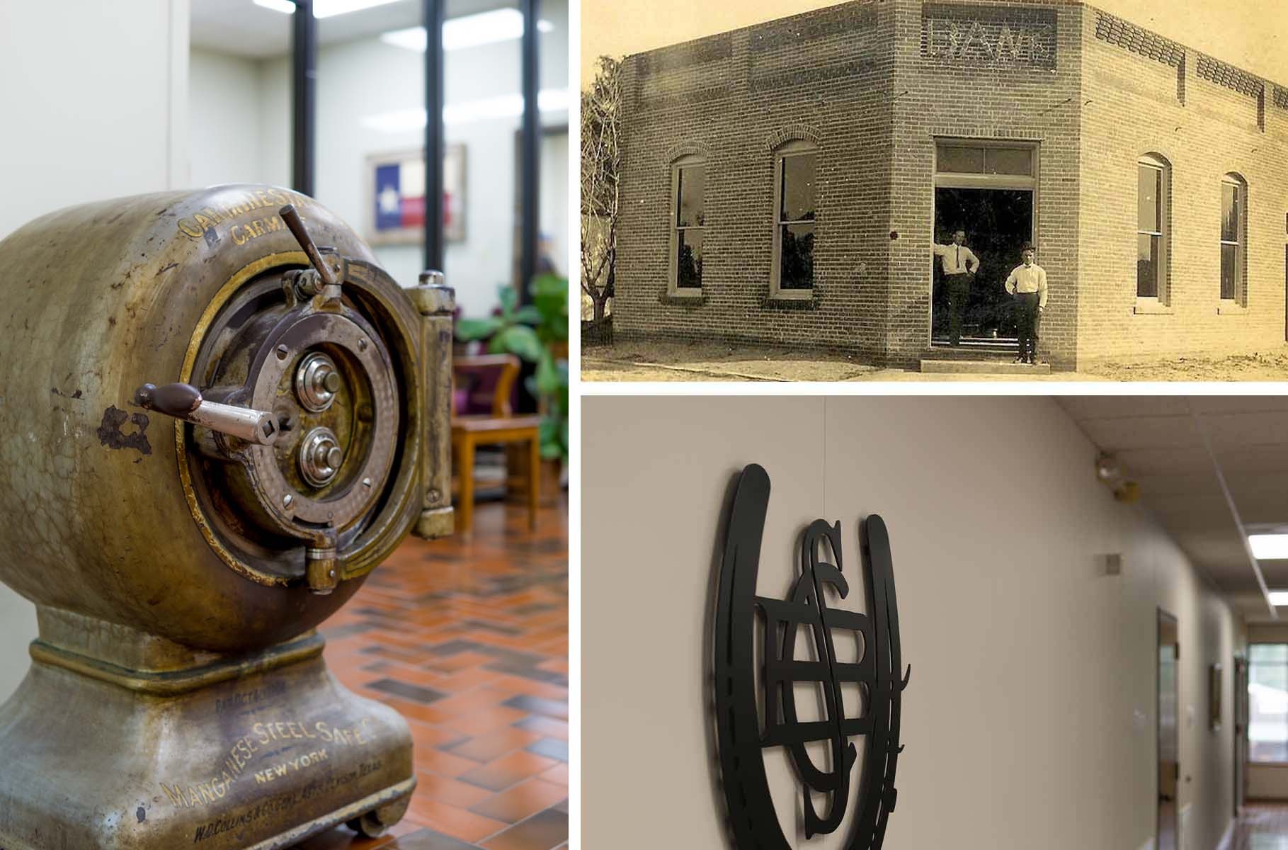 Graphic that shows images of historic Carmine State Bank buildings and artifacts